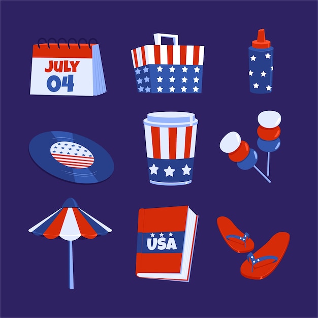 Коллекция плоских элементов для американского празднования 4 июля