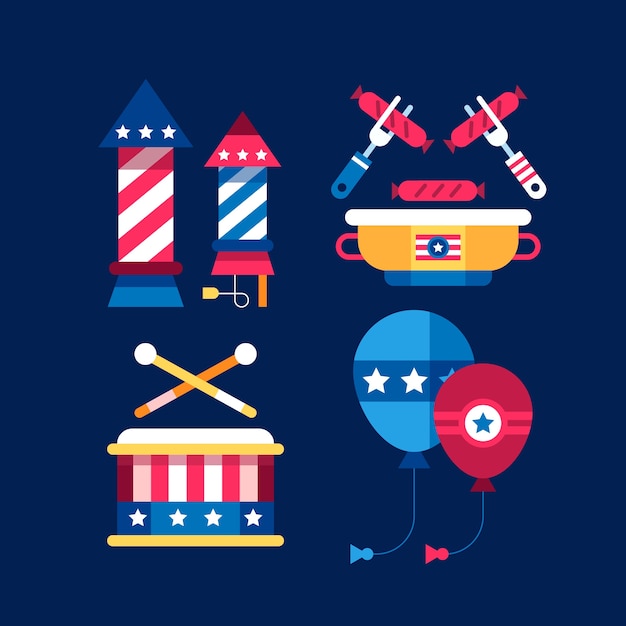 Flat elements collection for american 4th of july celebration