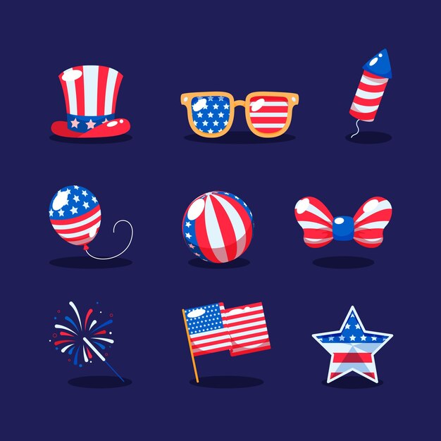 Flat elements collection for american 4th of july celebration