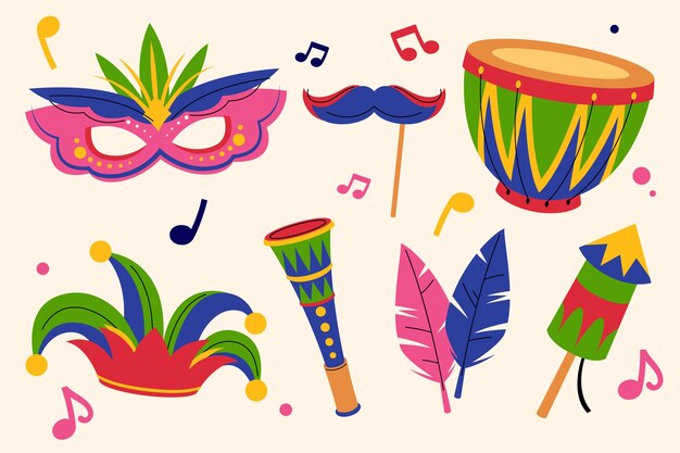 Flat elements collection for brazilian carnival celebration