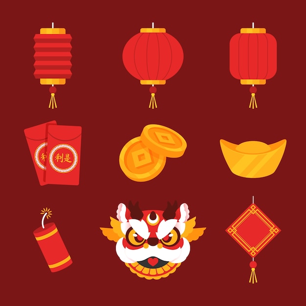 Vettore gratuito collezione di elementi piatti per la celebrazione del capodanno cinese