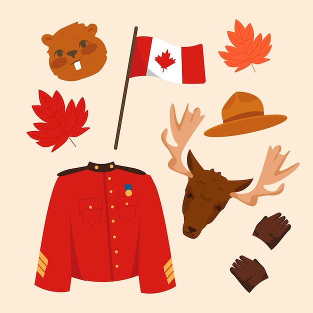 Бесплатное векторное изображение Коллекция плоских элементов для празднования дня канады