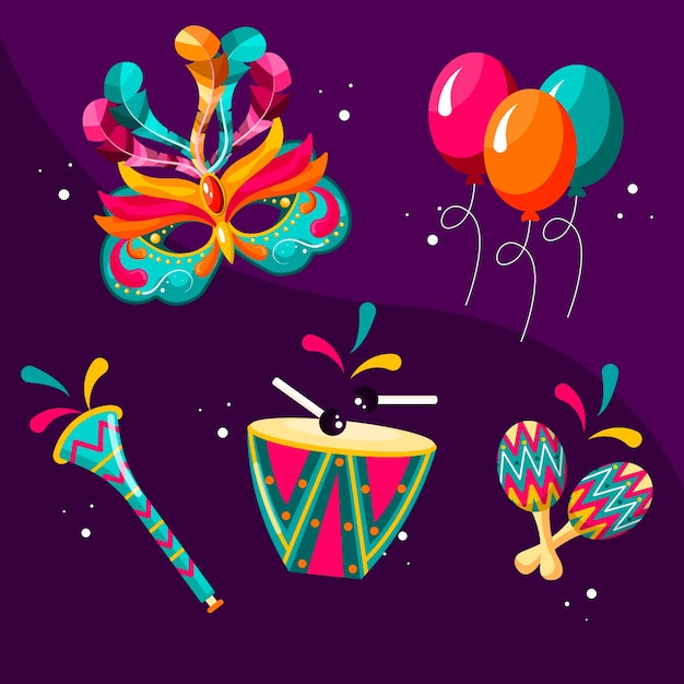 Бесплатное векторное изображение Коллекция плоских элементов для празднования карнавала