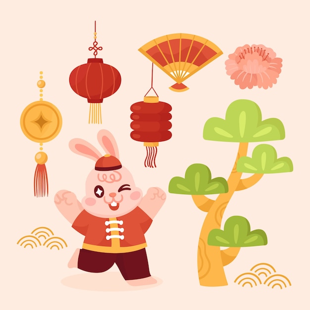 無料ベクター 中国の旧正月のお祝いのための平らな要素のコレクション