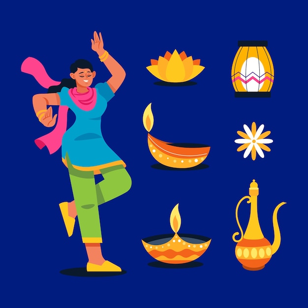 무료 벡터 디왈리 힌두교 축제 축하를 위한 평면 요소 컬렉션