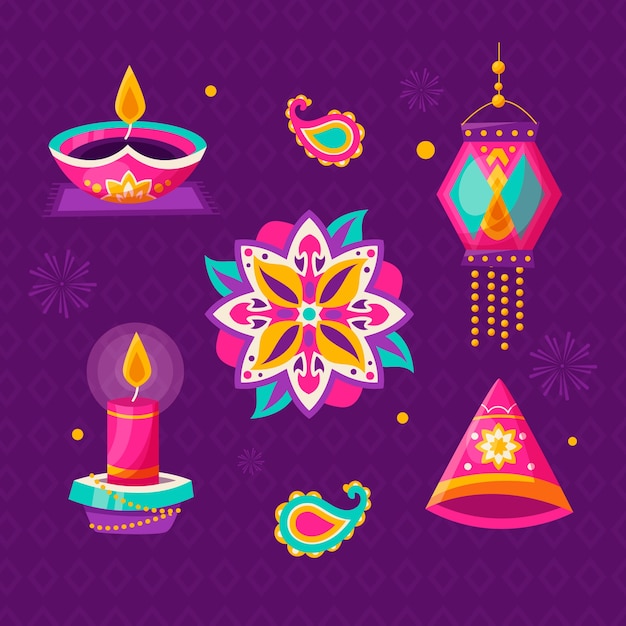 Free vector flat elements collection for hindu diwali festival celebration