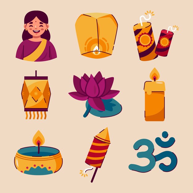 Free Vector flat elements collection for hindu diwali festival celebration