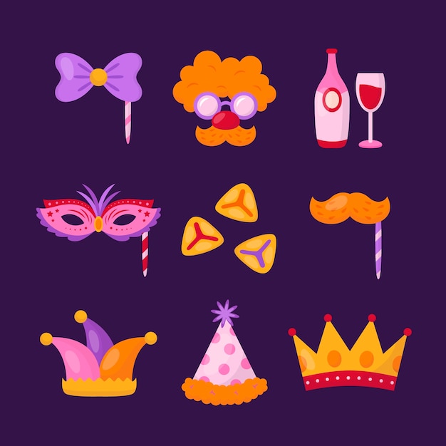 Free vector flat elements collection for purim celebration