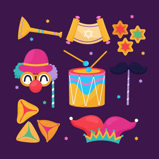 Free vector flat elements collection for purim holiday celebration