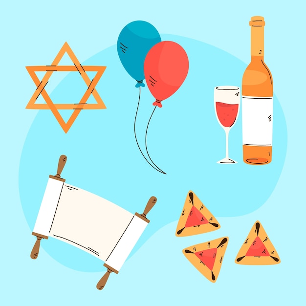 Free vector flat elements collection for purim holiday celebration