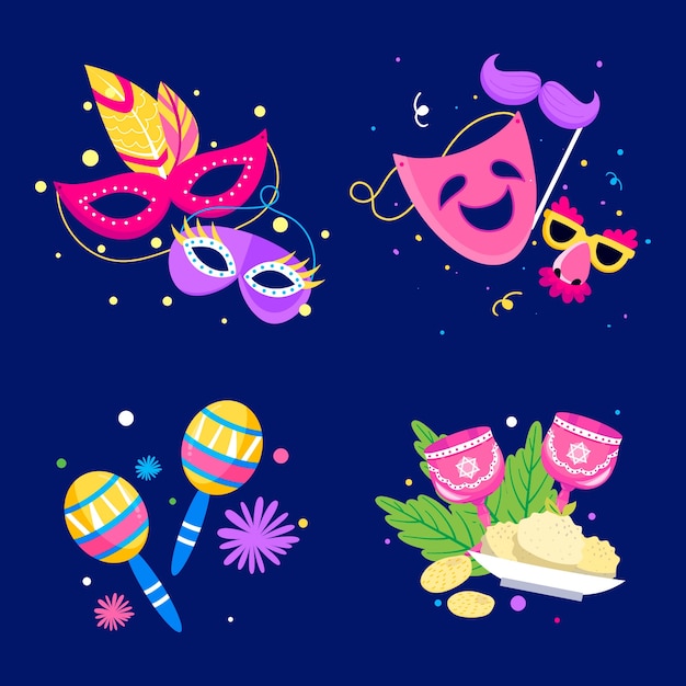 Free vector flat elements collection for purim holiday celebration