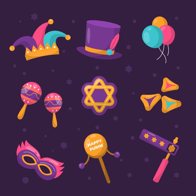 Free vector flat elements collection for purim holiday