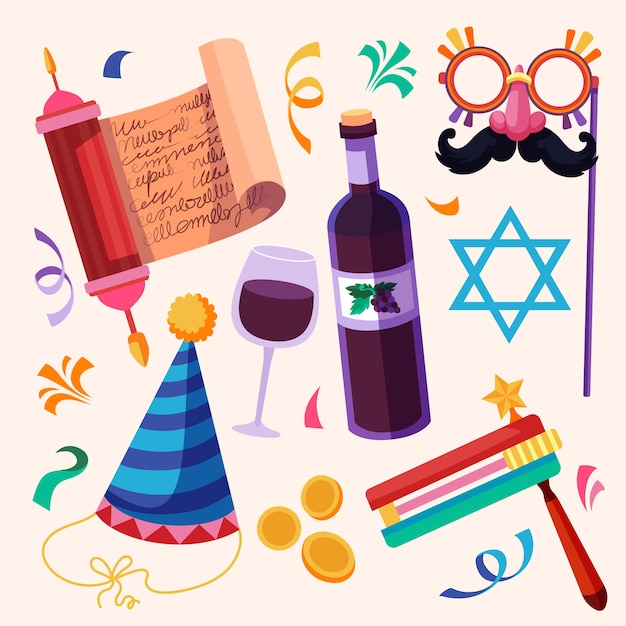 Free vector flat elements collection for purim holiday