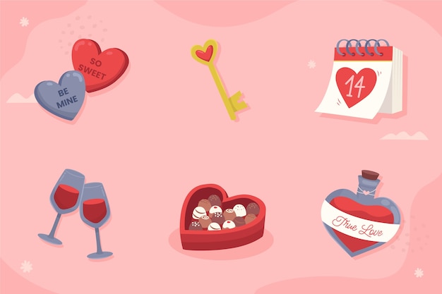 Flat elements collection for valentine's day celebration