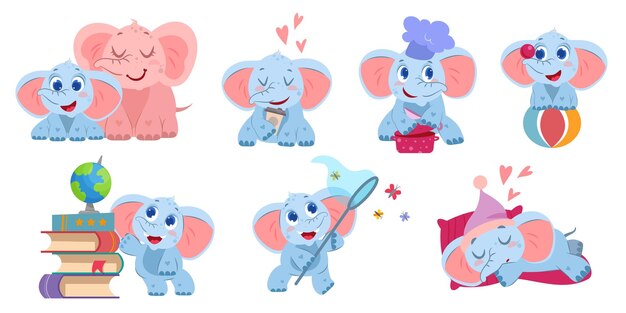 Free Vector flat elephants catch butterflies sleep cook drink coffee and learn with books