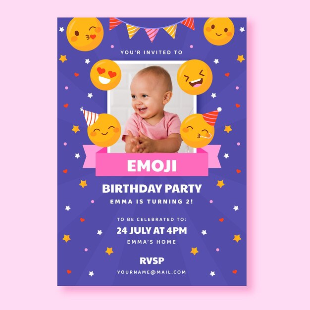 Flat emoji birthday invitation template with photo