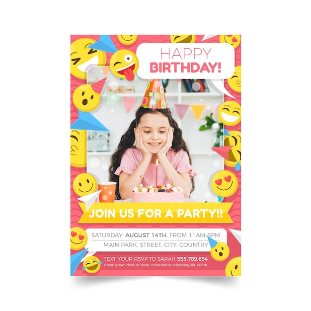 Flat emoji birthday invitation template with photo