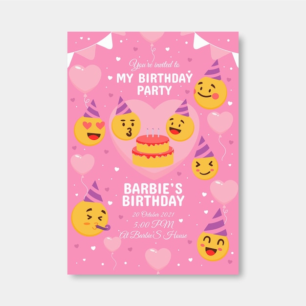 Flat emoji birthday invitation template