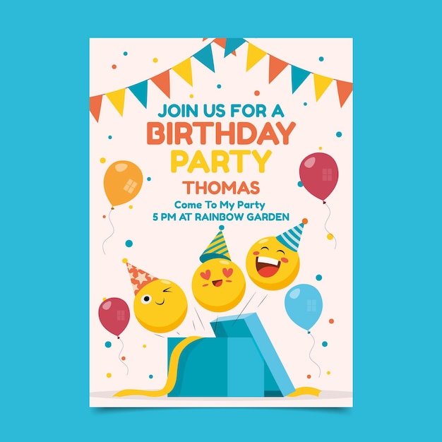 Flat emoji birthday invitation template