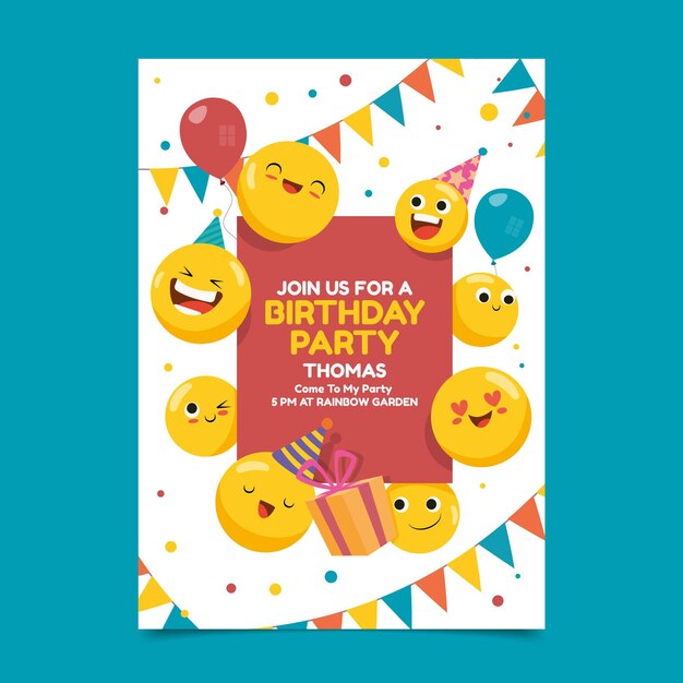 Flat emoji birthday invitation template