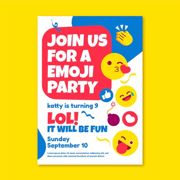 Flat emoji birthday invitation template