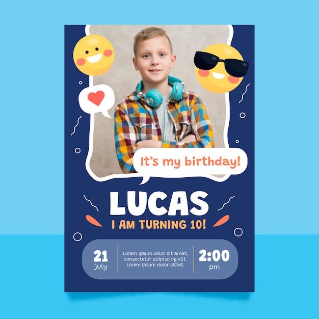 Flat emoji birthday invitation template