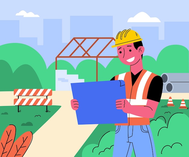 Flat engineer working on construction illustrated