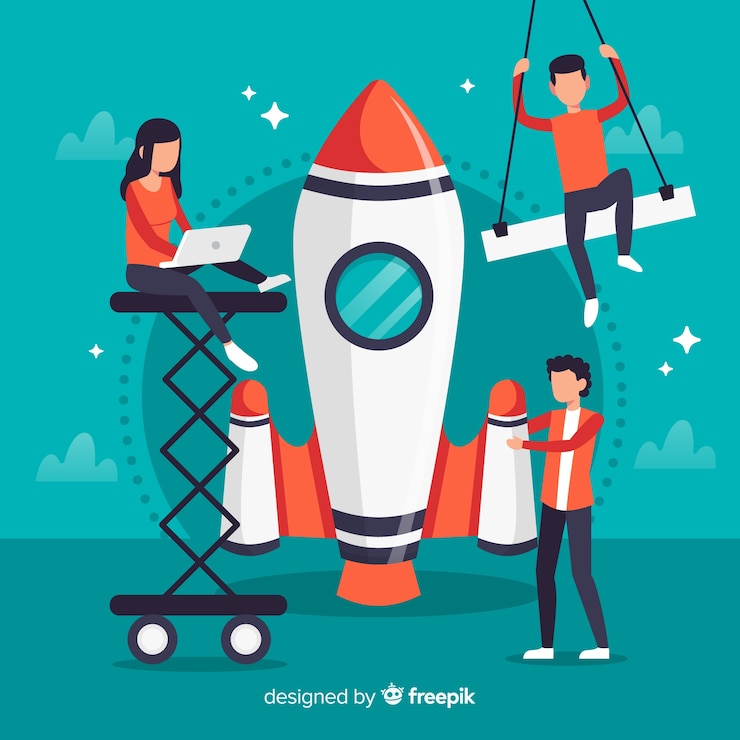 Free Vector flat engineers building a rocket