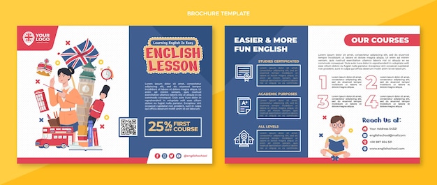 Vettore gratuito modello di brochure per lezioni di inglese piatto