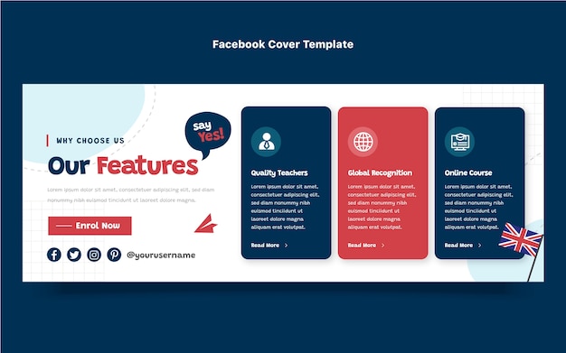 Free vector flat english lessons social media cover template