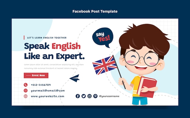 Vettore gratuito modello di post sui social media per lezioni di inglese piatto