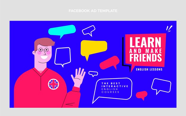 Flat english lessons social media promo template