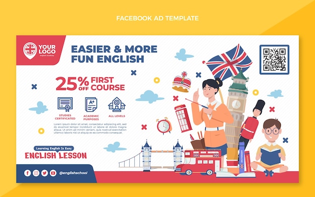 Бесплатное векторное изображение Рекламный шаблон уроков английского языка в социальных сетях