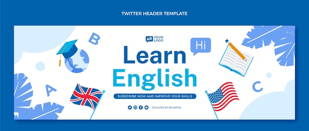 Vettore gratuito intestazione twitter di lezioni di inglese piatto