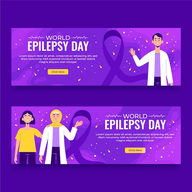 Vettore gratuito set di banner orizzontali per il giorno dell'epilessia piatta