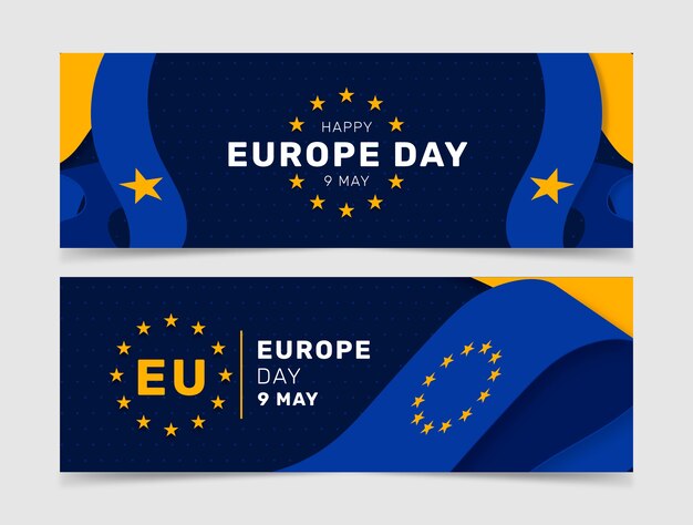 Flat europe day horizontal banners pack