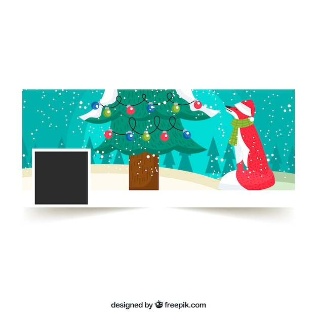 Flat facebook cover with a fox under a christmas tree