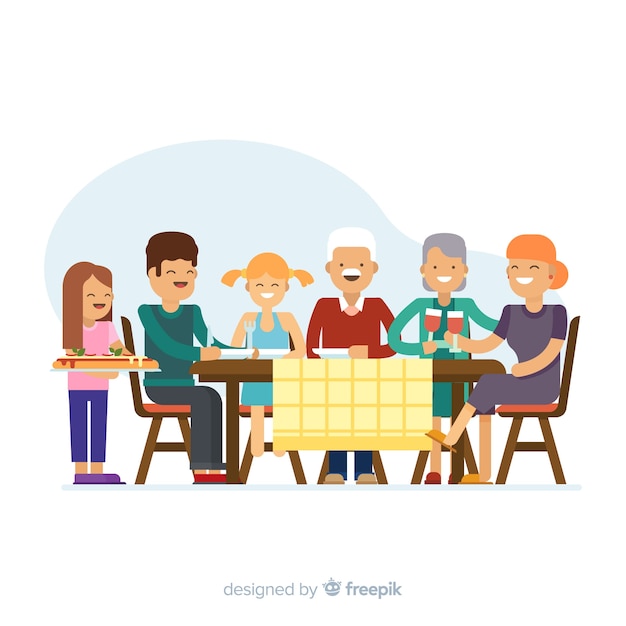 Free vector flat family sitting around table illustration