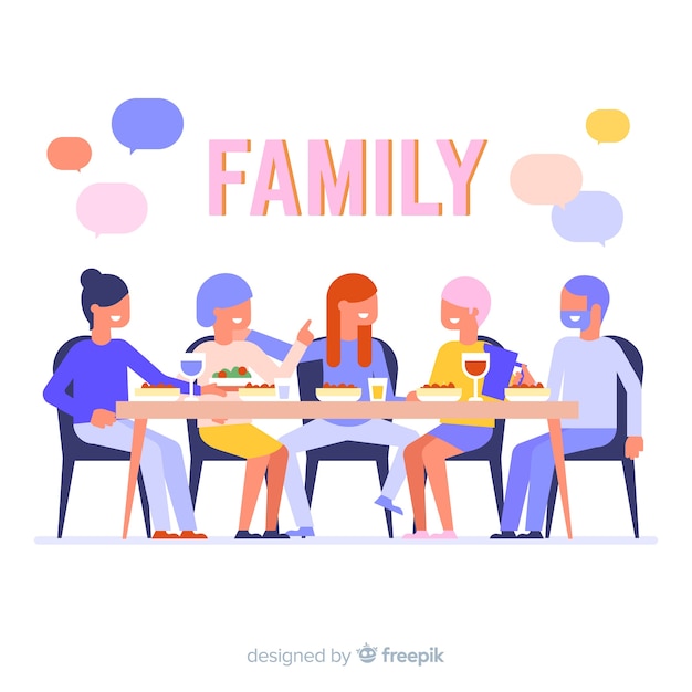 Бесплатное векторное изображение Плоская семья сидит за столом иллюстрации