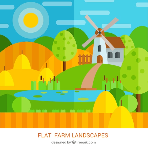 Бесплатное векторное изображение Плоский дом фермы в пейзаж