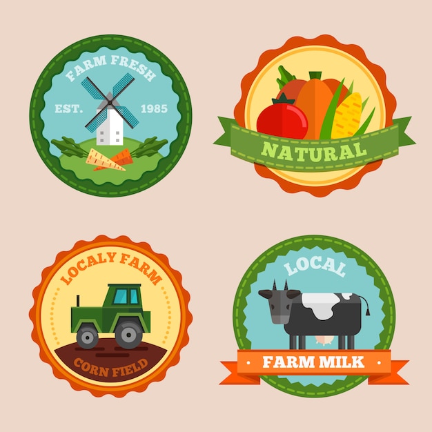 Free vector flat farm label and badges set with farm fresh natural locally farm corn field and local farm milk descriptions