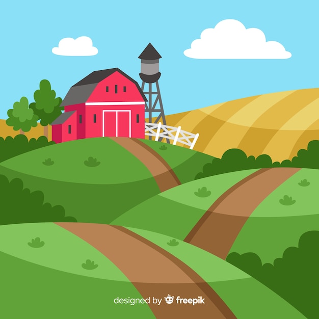 Бесплатное векторное изображение Плоская ферма пейзажный фон