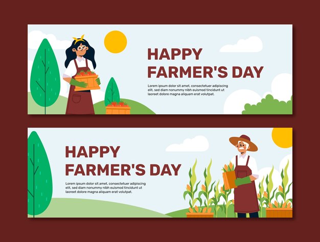 Бесплатное векторное изображение Набор горизонтальных баннеров для празднования дня плоского фермера