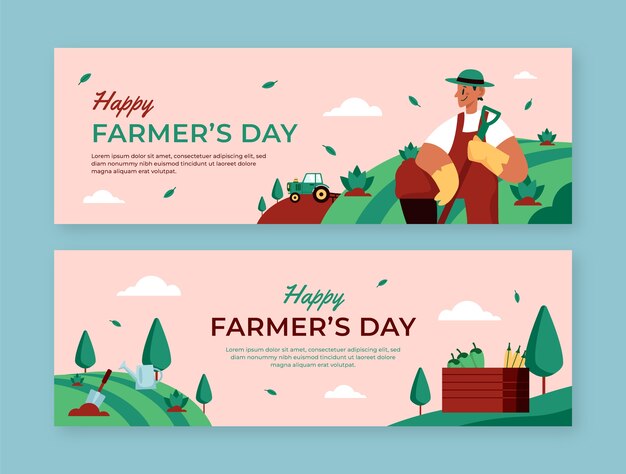 Flat farmer's day celebration horizontal banners set