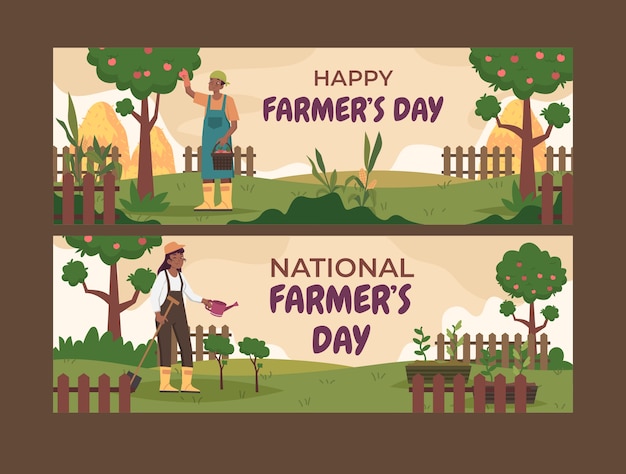 Flat farmer's day celebration horizontal banners set