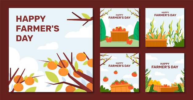 Free vector flat farmer's day celebration instagram posts collection