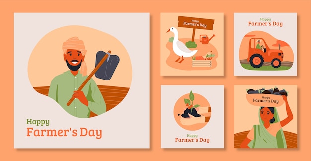 Free vector flat farmer's day celebration instagram posts collection