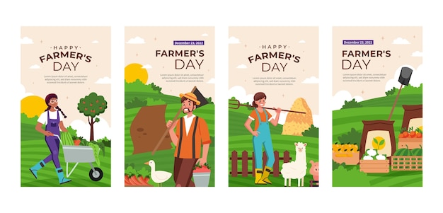 Free vector flat farmer's day celebration instagram stories collection