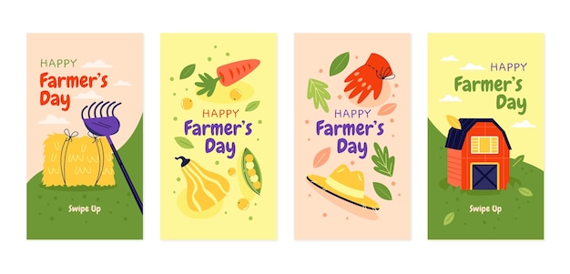 Vettore gratuito collezione di storie di instagram per la celebrazione del giorno del contadino piatto