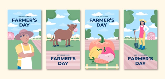 Free vector flat farmer's day celebration instagram stories collection